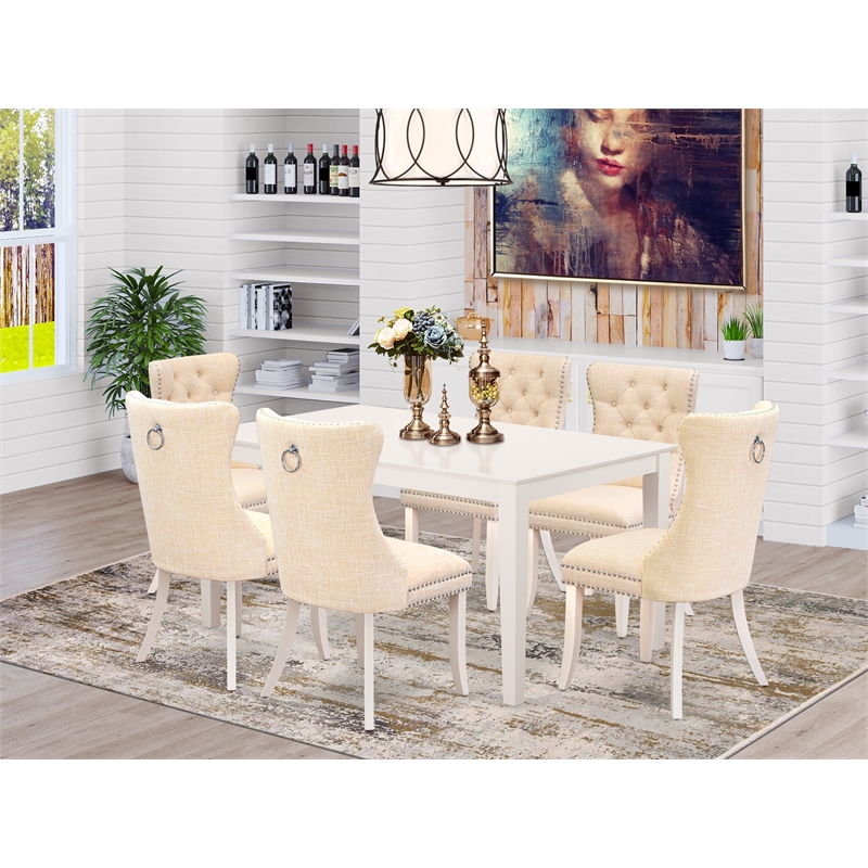 Pemberly Row 7-Piece Dining Room Set in Linen White and Light Beige Upholstery