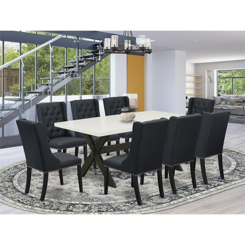Pemberly Row 9-Piece Dining Set with Button Tufted Chairs in Black/Linen White