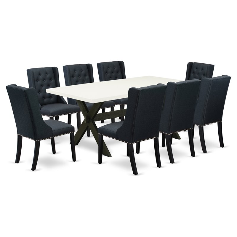 Pemberly Row 9-Piece Dining Set with Button Tufted Chairs in Black/Linen White