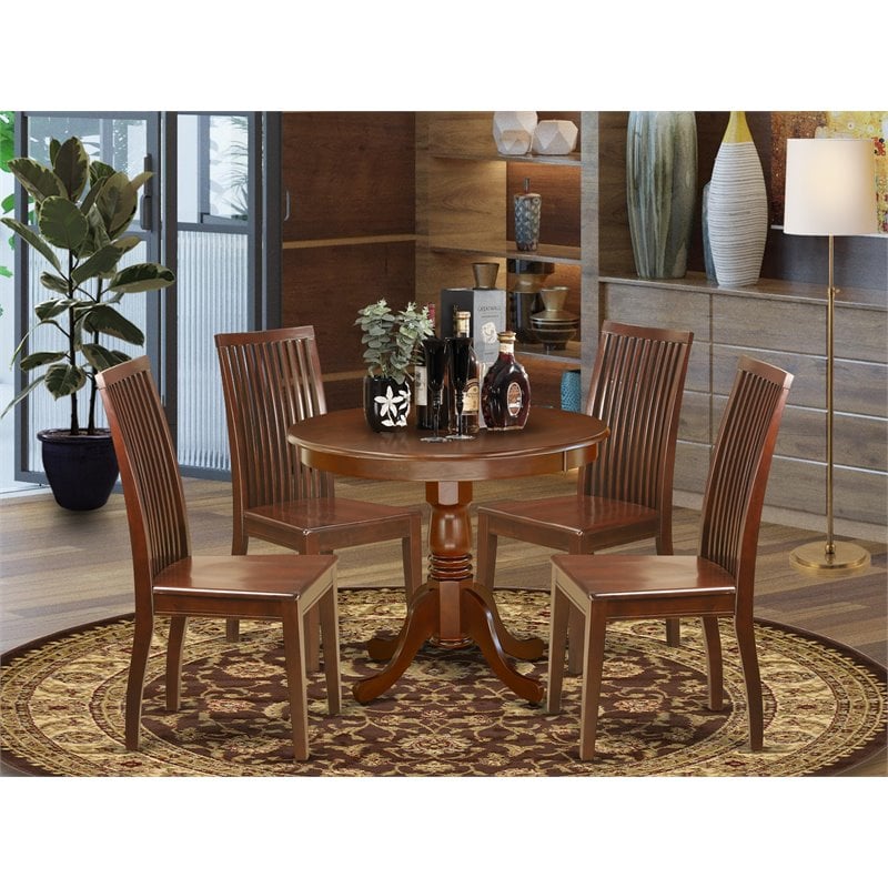 Pemberly Row 5-Piece Mahogany Dining Table Set with Round Table & Wooden Chairs