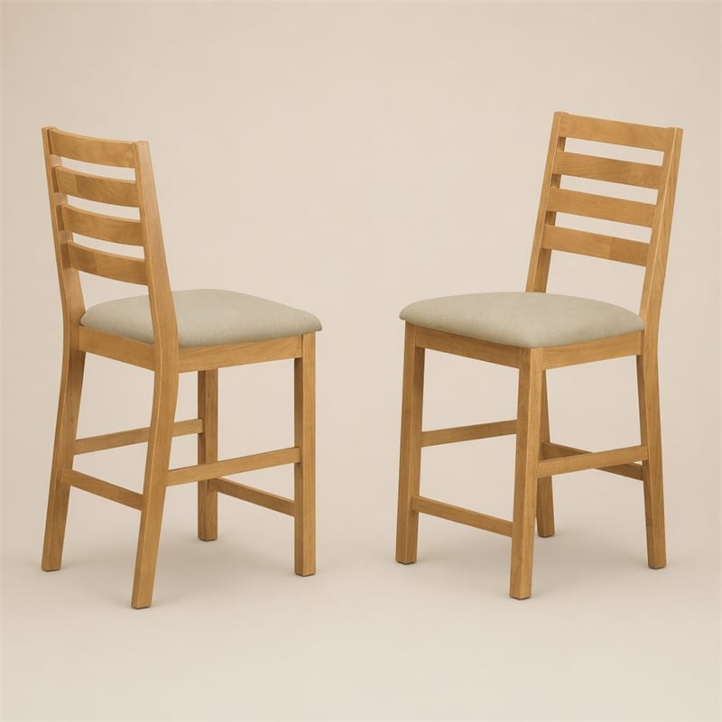 Pemberly Row Cafe Fabric Counter Height Stools in Oak Finish (Set of 2)