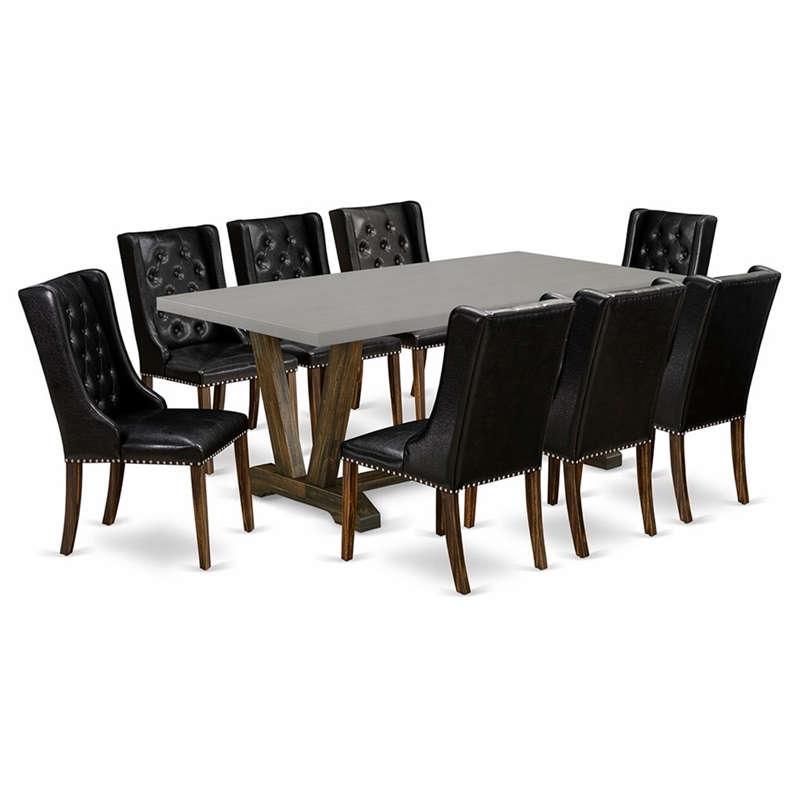 Pemberly Row 9-Piece Button Tufted Dining Set in Cement and Jacobean Finish