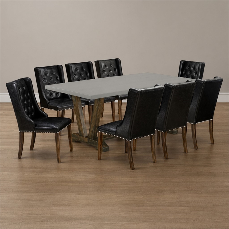 Pemberly Row 9-Piece Button Tufted Dining Set in Cement and Jacobean Finish