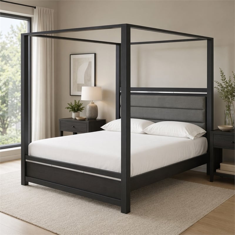 Pemberly Row Wood Queen Bed with LED Headboard in Brush Gray