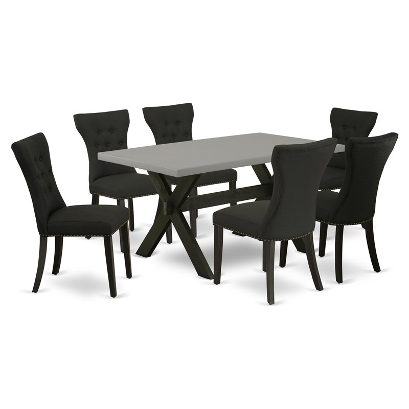 Pemberly Row 7-Piece X-Style Table and Chair Set in Black and Cement Finish