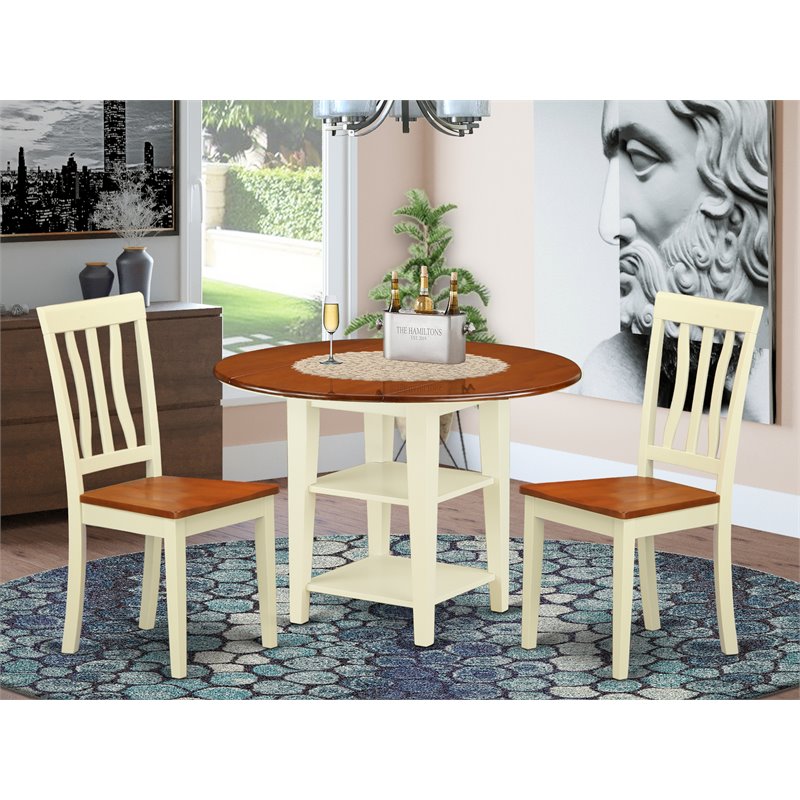 Pemberly Row 3-Piece Wood Dining Set in Buttermilk and Cherry Finish