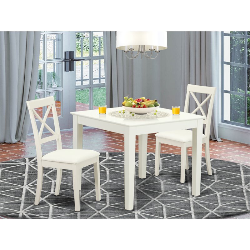 Pemberly Row Oxford 3-Piece Dining Set with Leather Chairs in Linen White