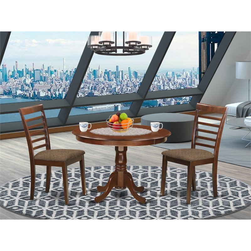 Pemberly Row 3-Piece Wood Dining Set with Linen Chairs in Mahogany Finish