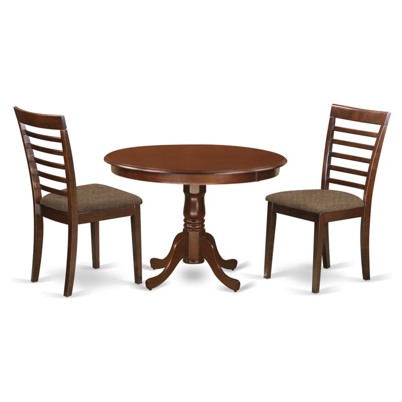 Pemberly Row 3-Piece Wood Dining Set with Linen Chairs in Mahogany Finish