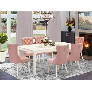 Pemberly Row 7-Piece Rubberwood Dining Set in Linen White with Beige Red Chairs