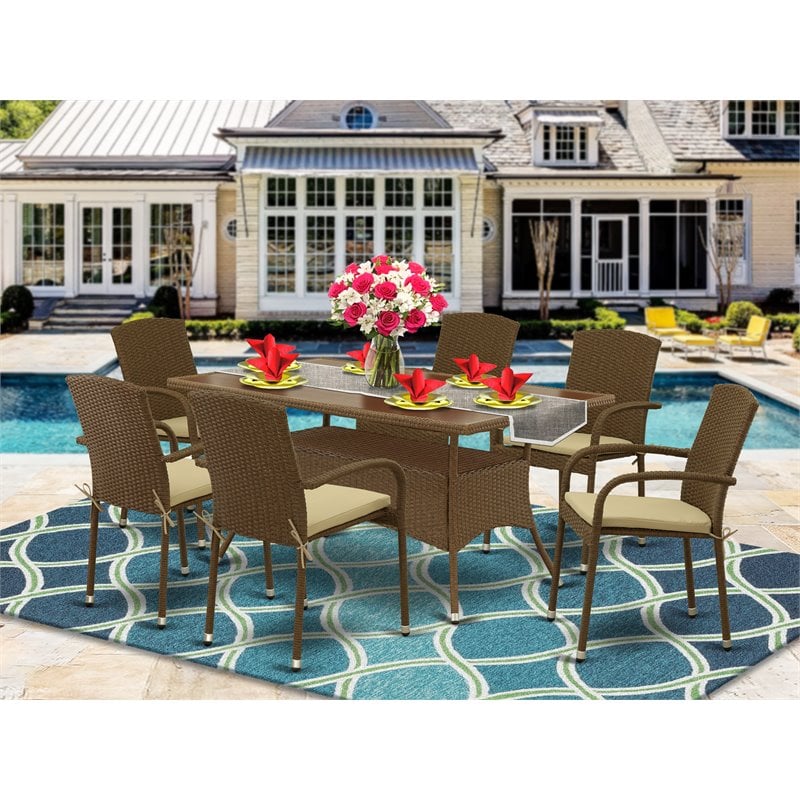 Pemberly Row 7-Piece Metal Patio Dining Set with Cushions in Brown Finish