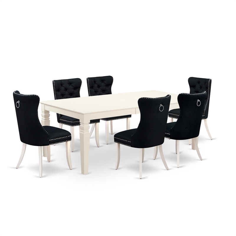 Pemberly Row 7-Piece Linen White Dining Table Set with Black Linen Chairs