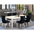 Pemberly Row 7-Piece Linen White Dining Table Set with Black Linen Chairs