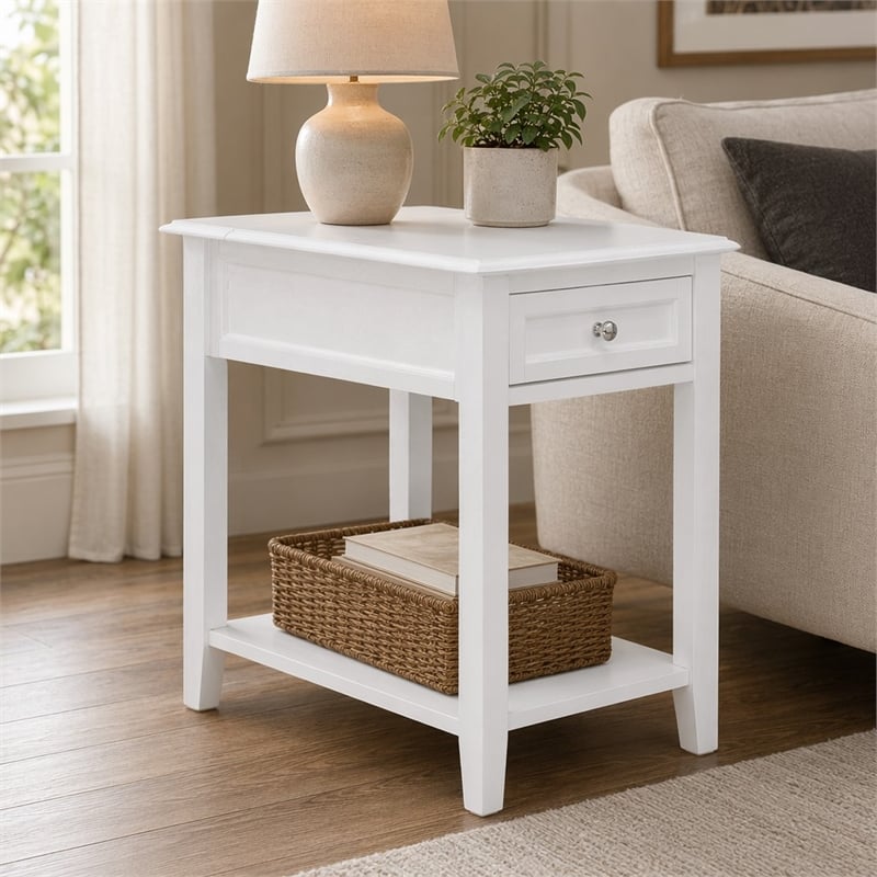 Pemberly Row 24-Inch White Wood Nightstand with Drawer & Bottom Shelf