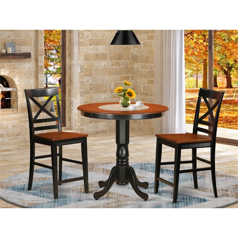 Pemberly Row 3-Piece Dining Set with Bar Stools in Black/Cherry Wood