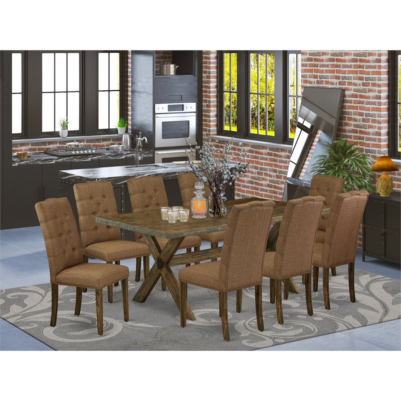 Pemberly Row X-Style 9-Piece Dining Set with Parson Chairs in Brown Smoke