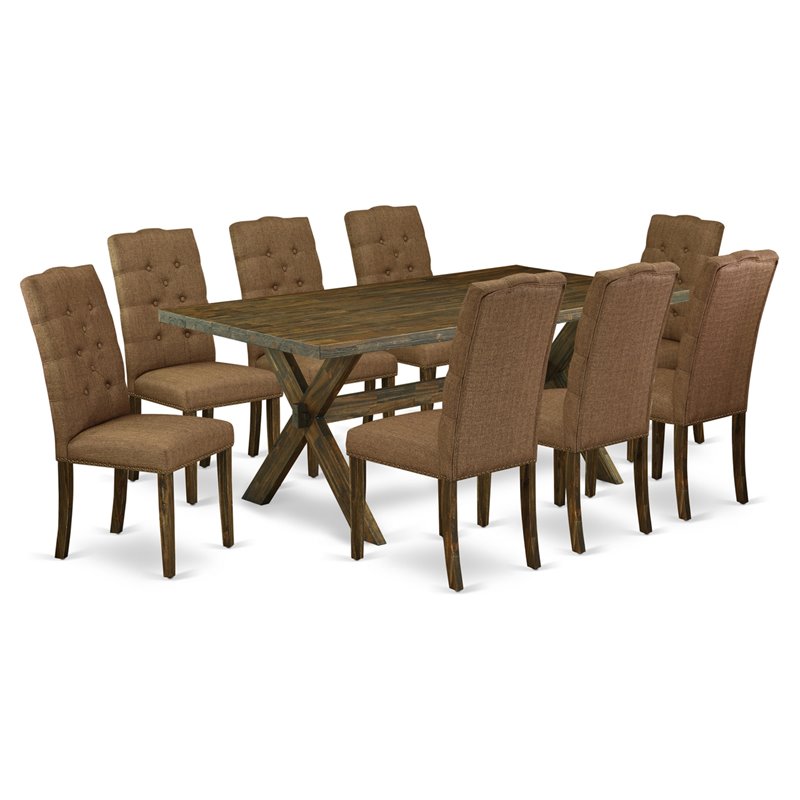 Pemberly Row X-Style 9-Piece Dining Set with Parson Chairs in Brown Smoke