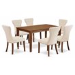 Pemberly Row 7-Piece Dining Table Set in Mahogany and Light Beige Upholstery
