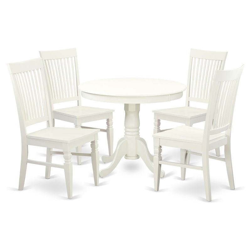 Pemberly Row Antique 5-Piece Dining Set Wood Linen White Round Table Chairs