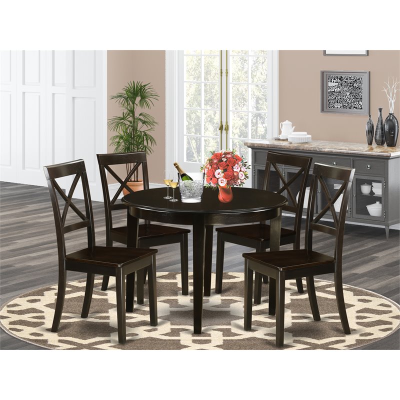 Pemberly Row 5-Piece Dining Set with Round Wood Table & 4 Chairs in Cappuccino