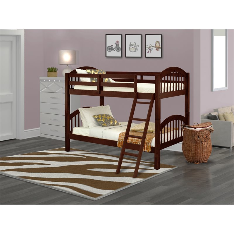 Pemberly Row Wood Twin Bunk Bed with Guard Rails in Java Finish