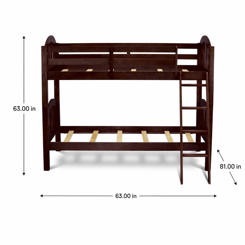 Pemberly Row Wood Twin Bunk Bed with Guard Rails in Java Finish