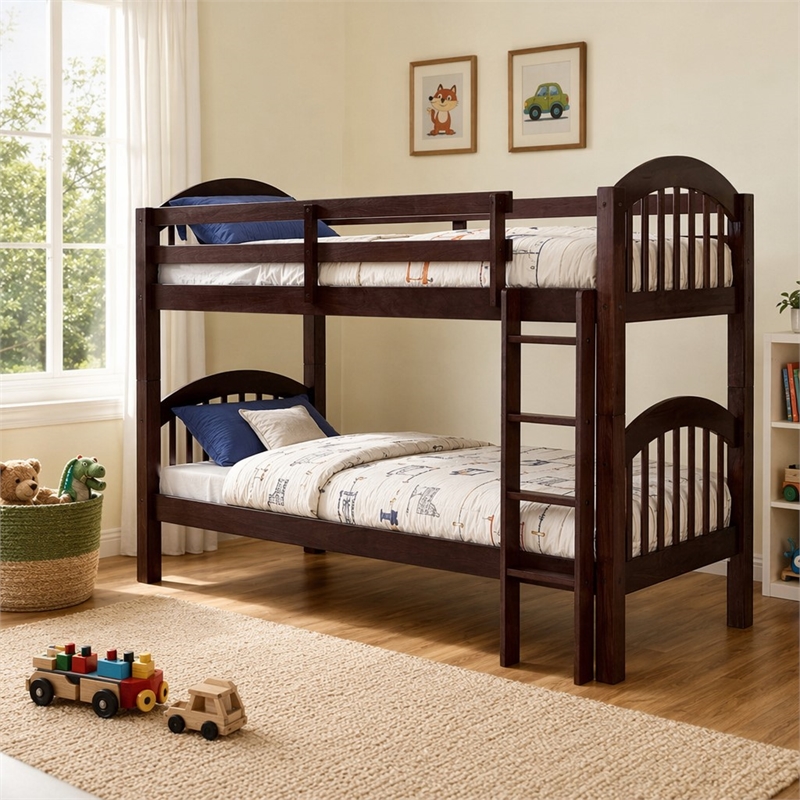 Pemberly Row Wood Twin Bunk Bed with Guard Rails in Java Finish