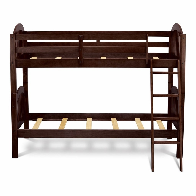 Pemberly Row Wood Twin Bunk Bed with Guard Rails in Java Finish