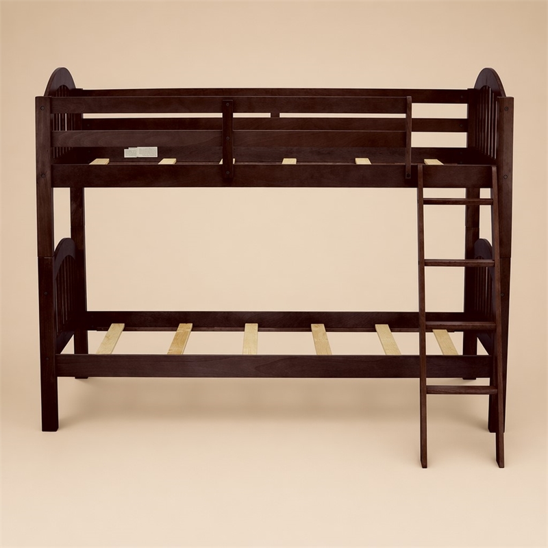 Pemberly Row Wood Twin Bunk Bed with Guard Rails in Java Finish