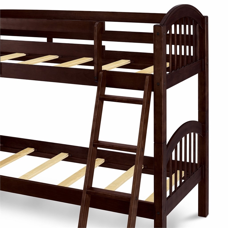 Pemberly Row Wood Twin Bunk Bed with Guard Rails in Java Finish