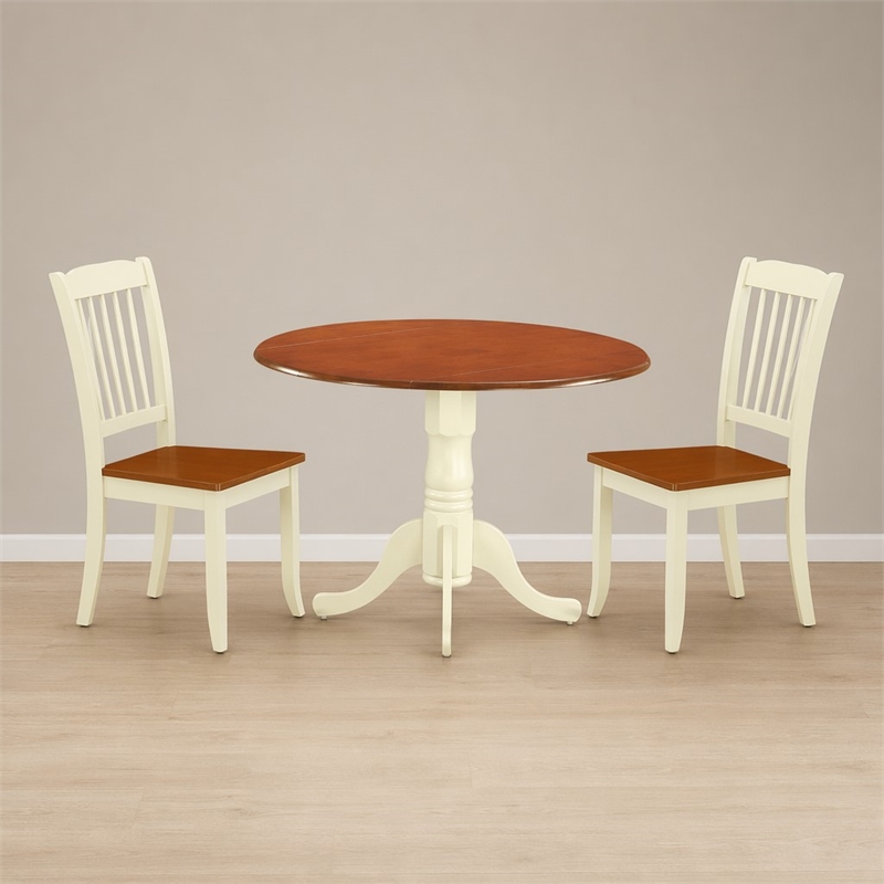 Pemberly Row Drop Leaf 3-Piece Round Wood Dining Set in Cream and Cherry