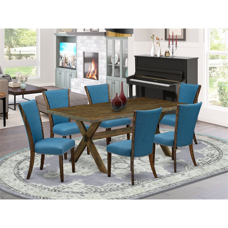 Pemberly Row 7-Piece Dining Set with Jacobean Table and Blue Chairs