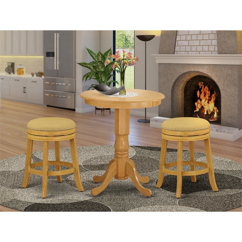 Pemberly Row 3-Piece Round Dining Set Oak Finish Wood Fabric Upholstered Chairs