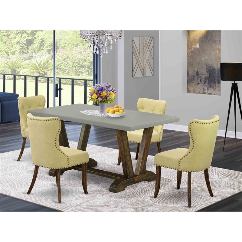 Pemberly Row 5-Piece Dining Set with Linen Chairs and Jacobean Cement Finish