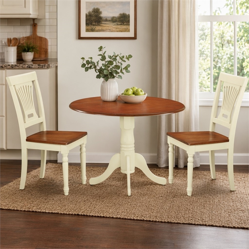 Pemberly Row 3-Piece Wood Dining Set with Drop Leaf Table in Buttermilk & Cherry