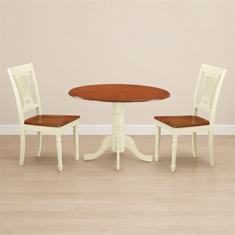 Pemberly Row 3-Piece Wood Dining Set with Drop Leaf Table in Buttermilk & Cherry