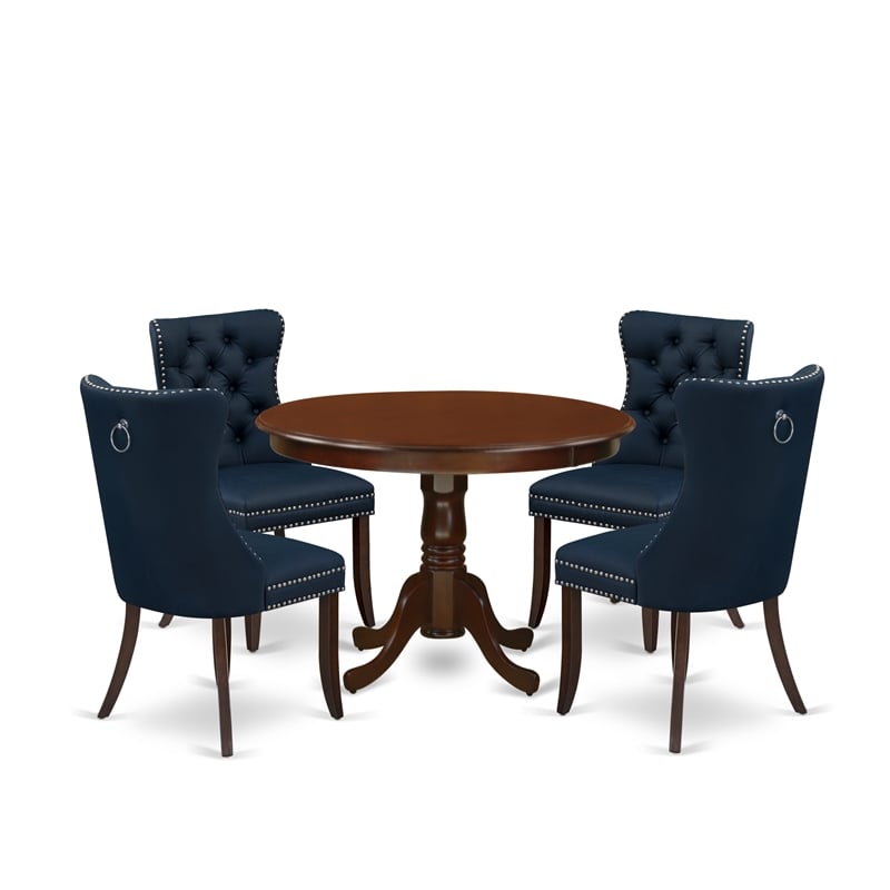 Pemberly Row 5-Piece Round Pedestal Kitchen Table Set in Mahogany and Navy Blue