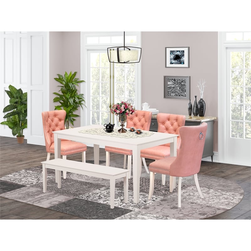 Pemberly Row 6-Piece Dining Set with Bench in Linen White and Beige Red