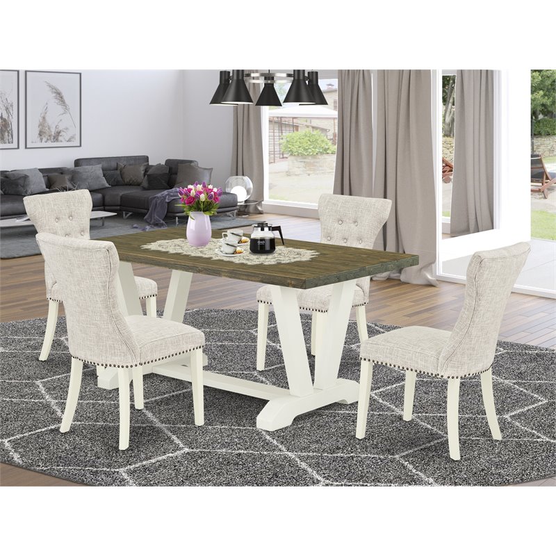 Pemberly Row 5-Piece Dining Set in Linen White Finish with Doeskin Chairs