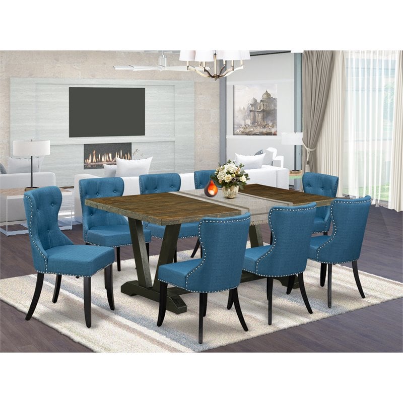 Pemberly Row 9-Piece Dining Set with Upholstered Chairs in Jacobean/Blue