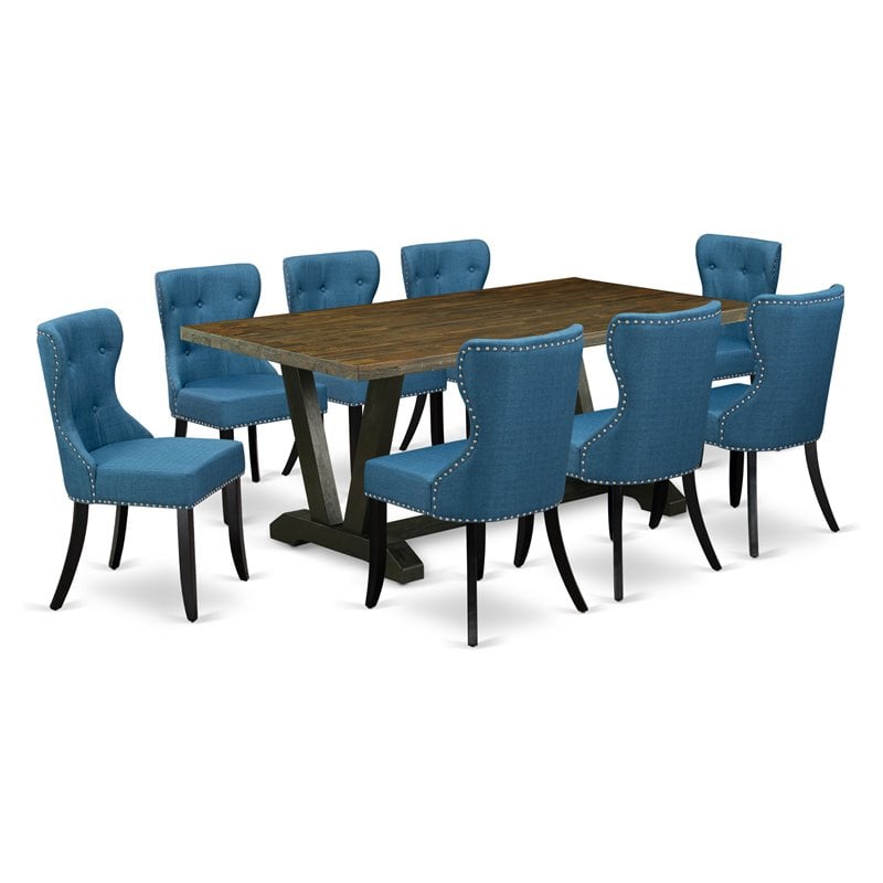 Pemberly Row 9-Piece Dining Set with Upholstered Chairs in Jacobean/Blue