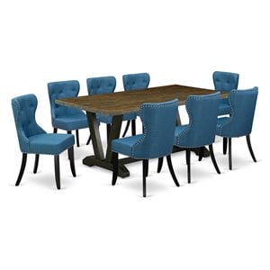 Pemberly Row 9-Piece Dining Set with Upholstered Chairs in Jacobean/Blue