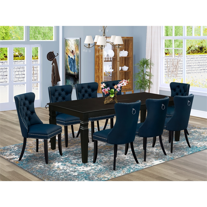 Pemberly Row 9-Piece Rubber Wood Dining Set with Navy Upholstered Chairs
