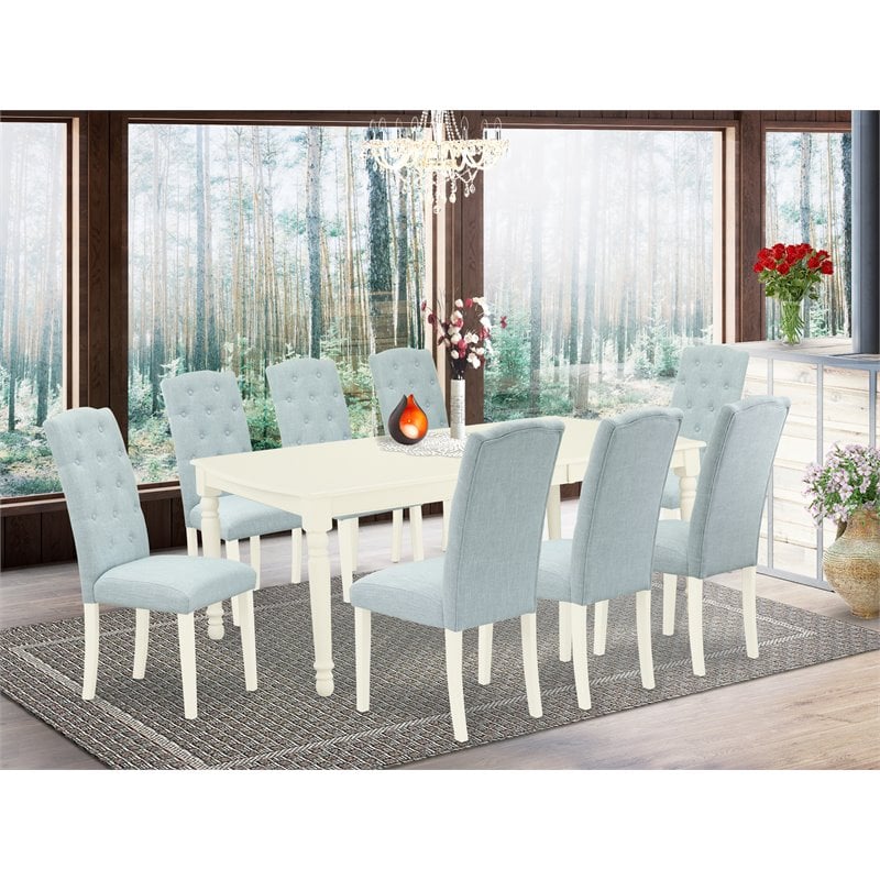 Pemberly Row 9-Piece Wood Dining Set with Baby Blue Parson Chairs
