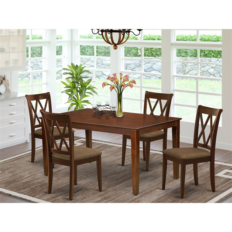 Pemberly Row 5-Piece Wood Dining Set in Rich Mahogany Finish with Linen Seats