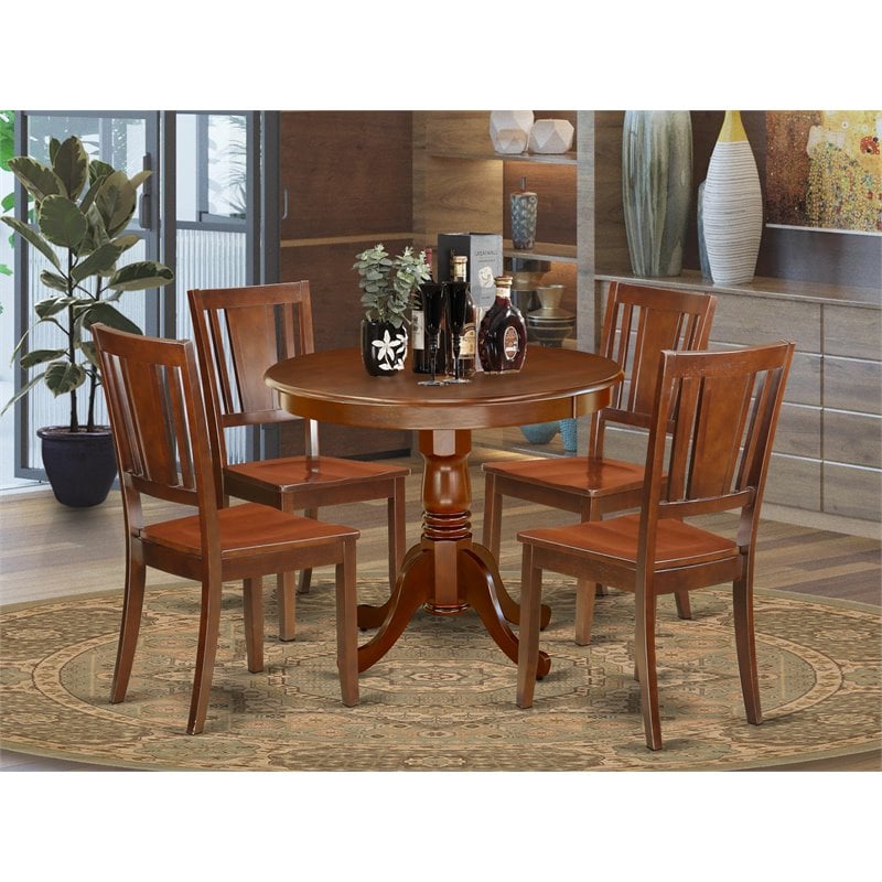 Pemberly Row 5-Piece Dining Set with Round Wood Table in Mahogany