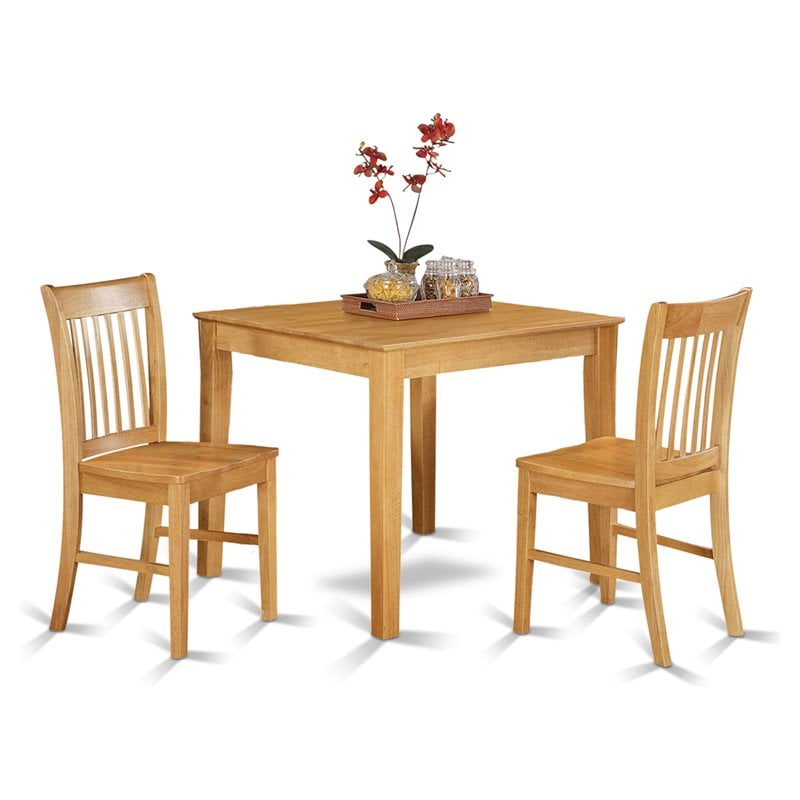 Pemberly Row Oxford 3-Piece Oak Dining Table Set with Slat-Back Chairs