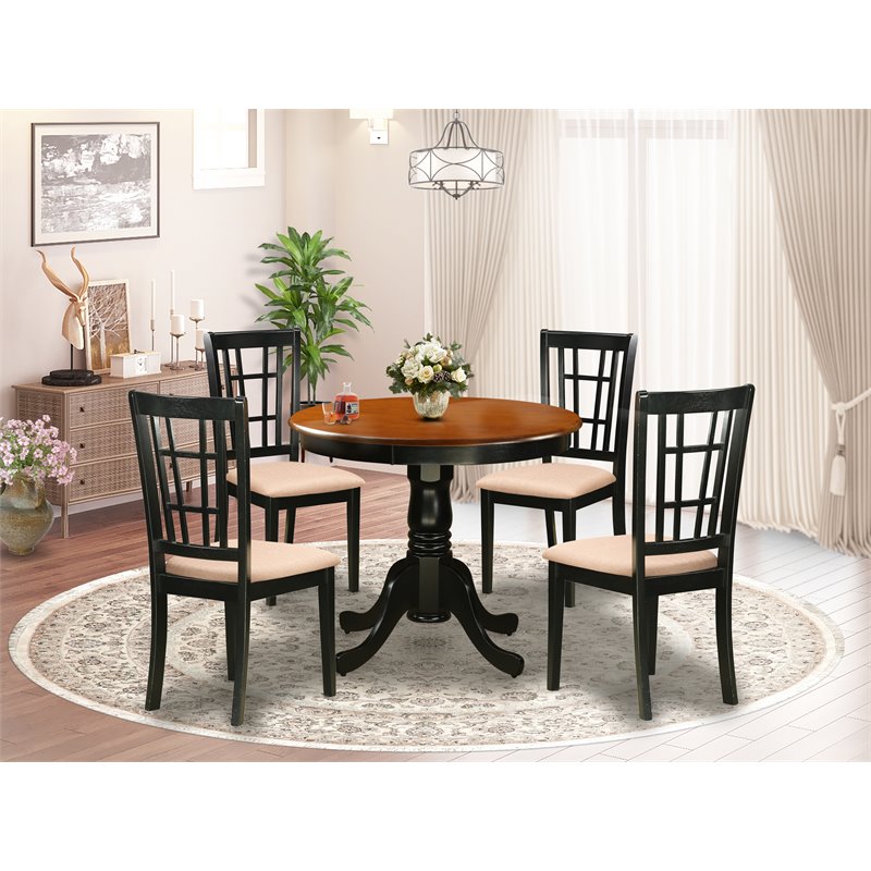 Pemberly Row 5-Piece Dining Set with Linen Chairs in Black & Cherry Finish