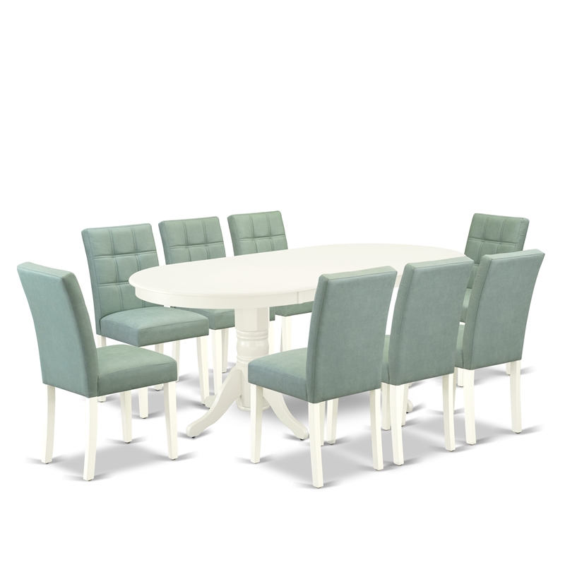 Pemberly Row 9-Piece Dining Table Set with Faux Leather Chairs in Linen White