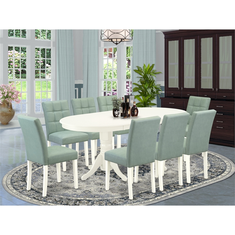 Pemberly Row 9-Piece Dining Table Set with Faux Leather Chairs in Linen White